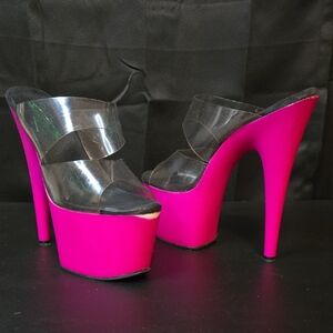 Pleaser Hot Pink Platform Heels with Clear Straps
